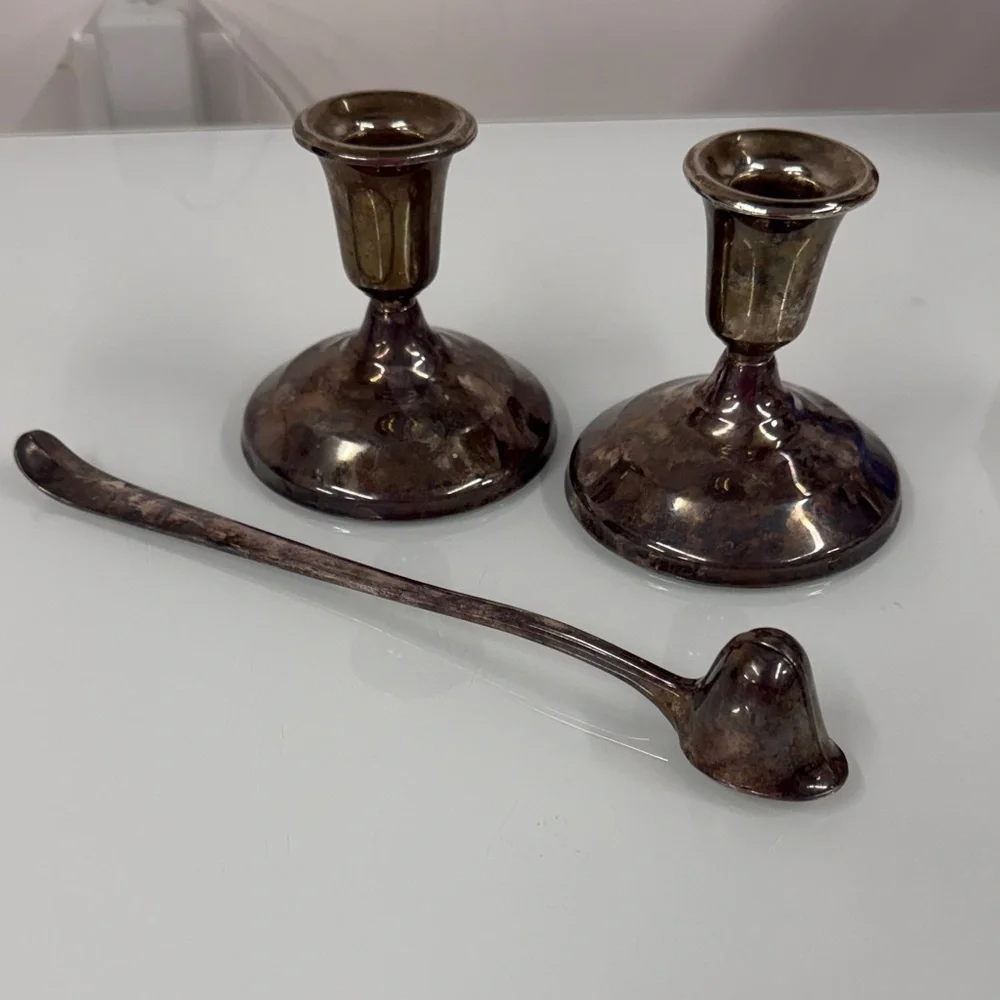 Silver Candlestick Holders and Snuffer Set
